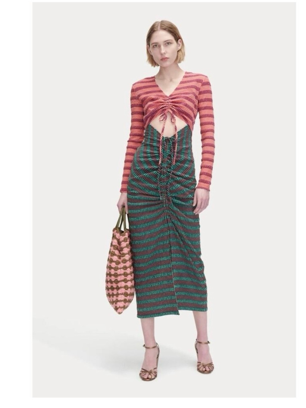 Rachel Comey Striped Ruched Long Sleeve Colorblock Midi Dress - Pink & Green